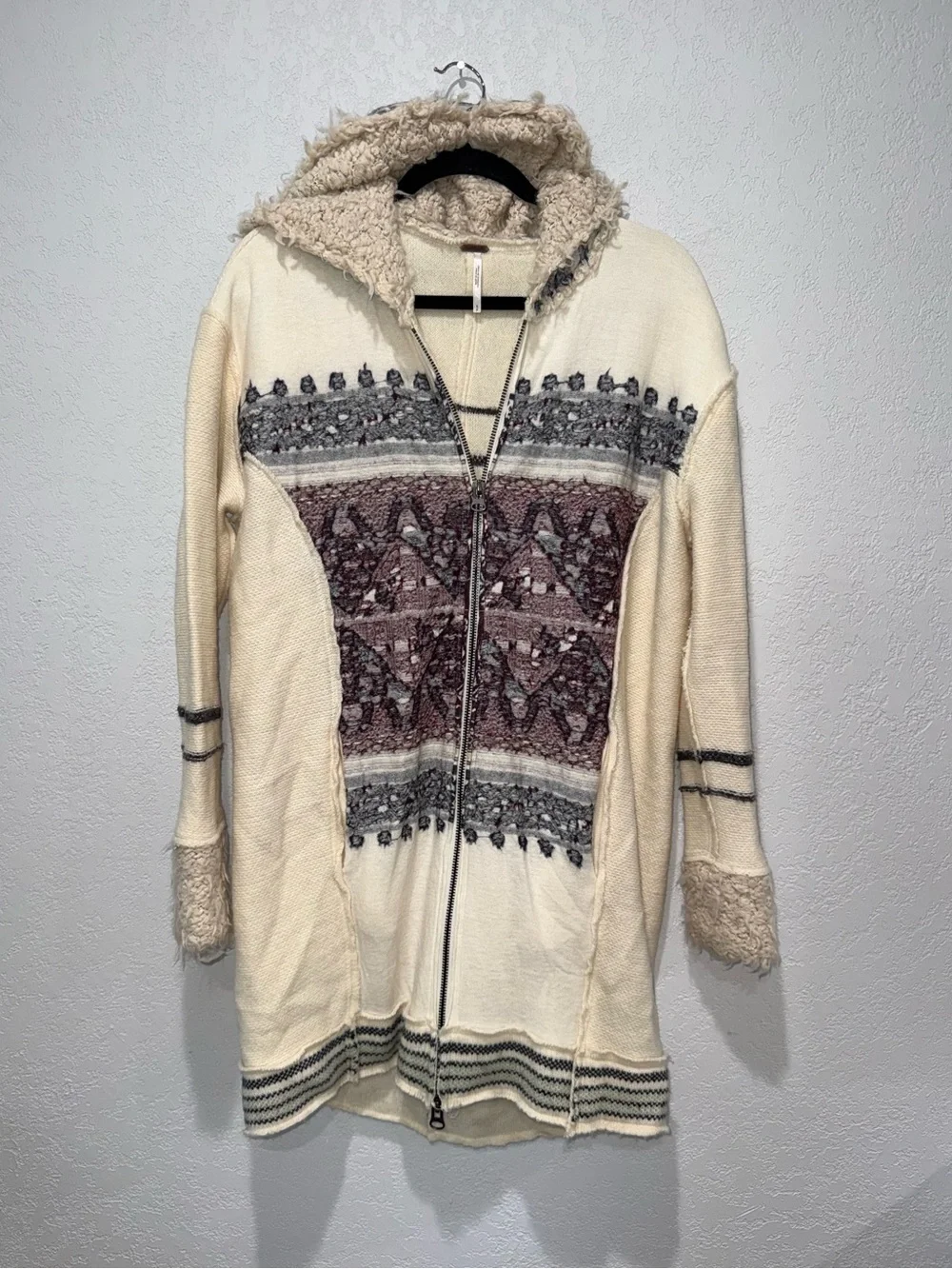 Free People Cream Hooded Zip Nordic Jacket